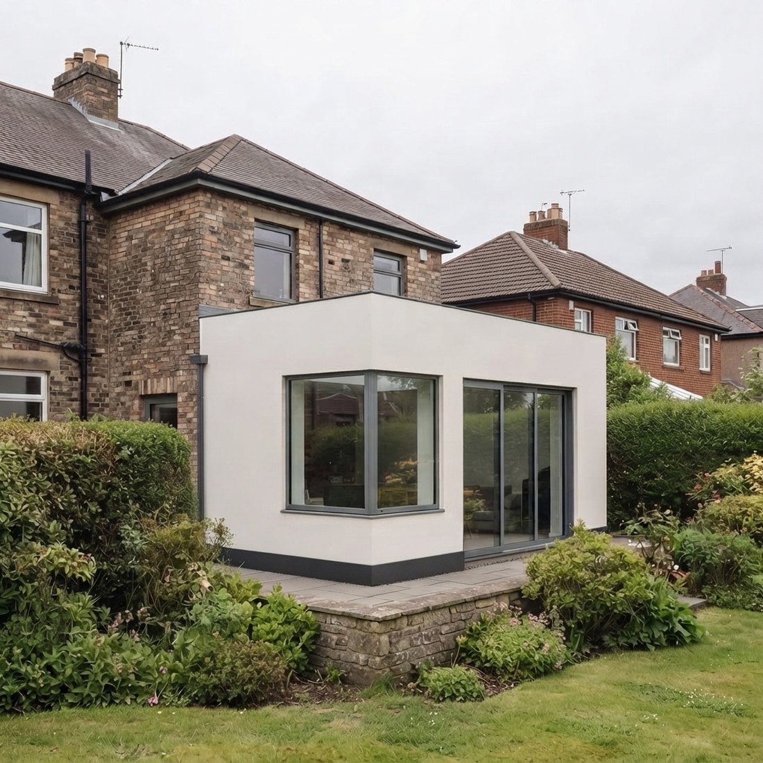 A rendered Nordu extension on a 1930s brick semi in a Scottish suburban street.
