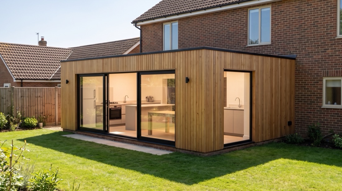 A Nordu extension in timber cladding on the back of a brick house in sunshine, with sliding glazing the length of the garden elevation and a kitchen visible inside.