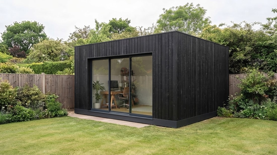 A Nordu garden room in dark cladding standing on its own at the end of a lawn.