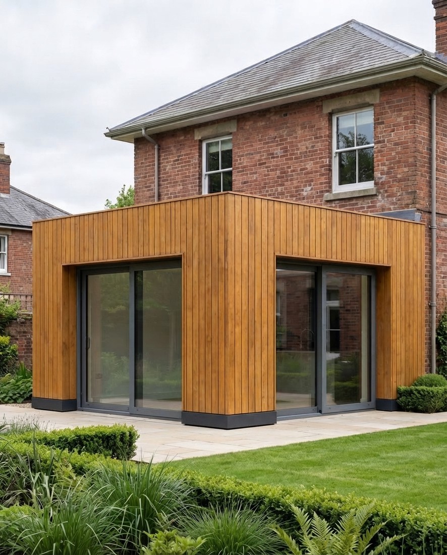 A timber clad Nordu extension with the original house rising behind it.