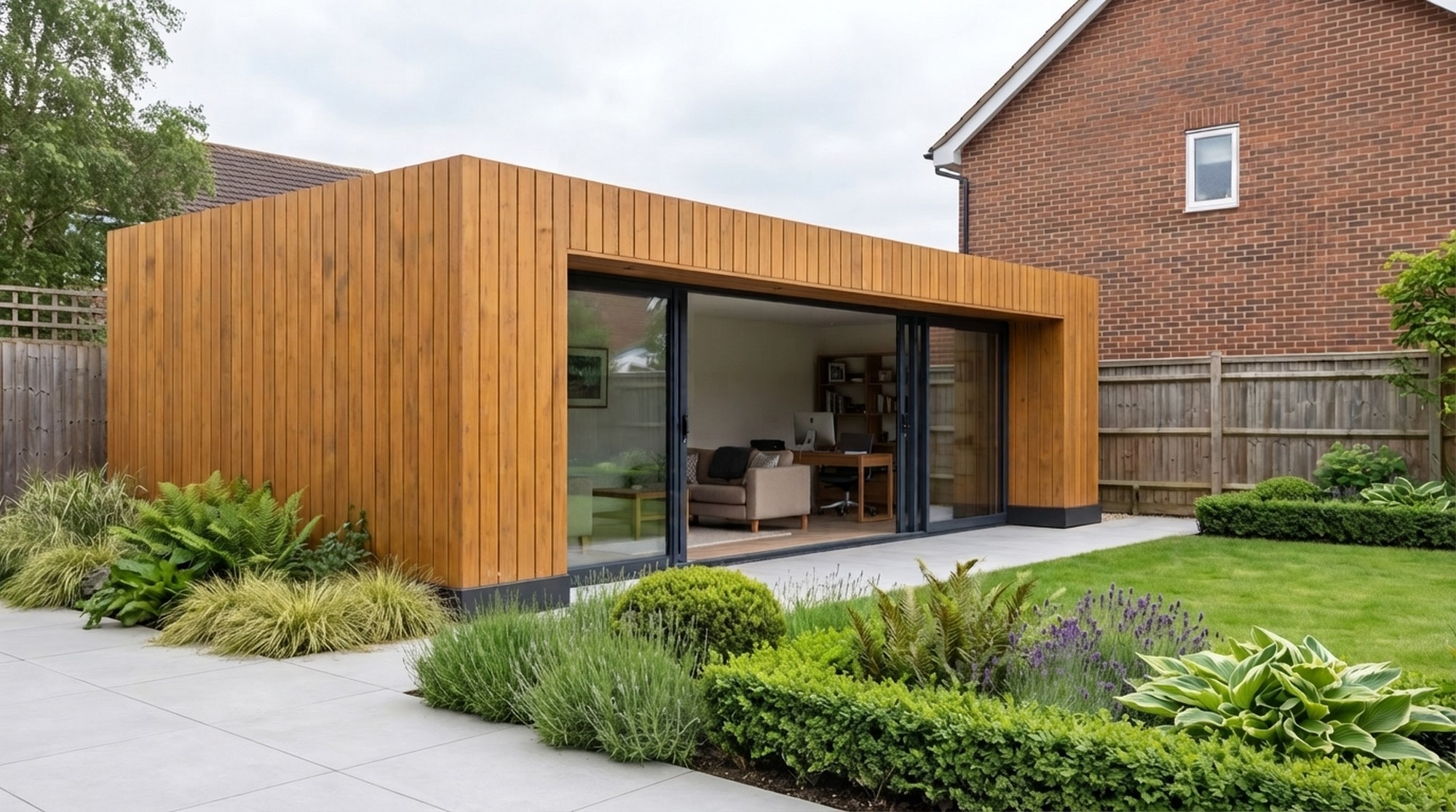 A Nordu Garden building in natural timber cladding, standing on its own in a
                planted garden with its full height sliding doors open onto the paving and a
                fitted out room visible inside.