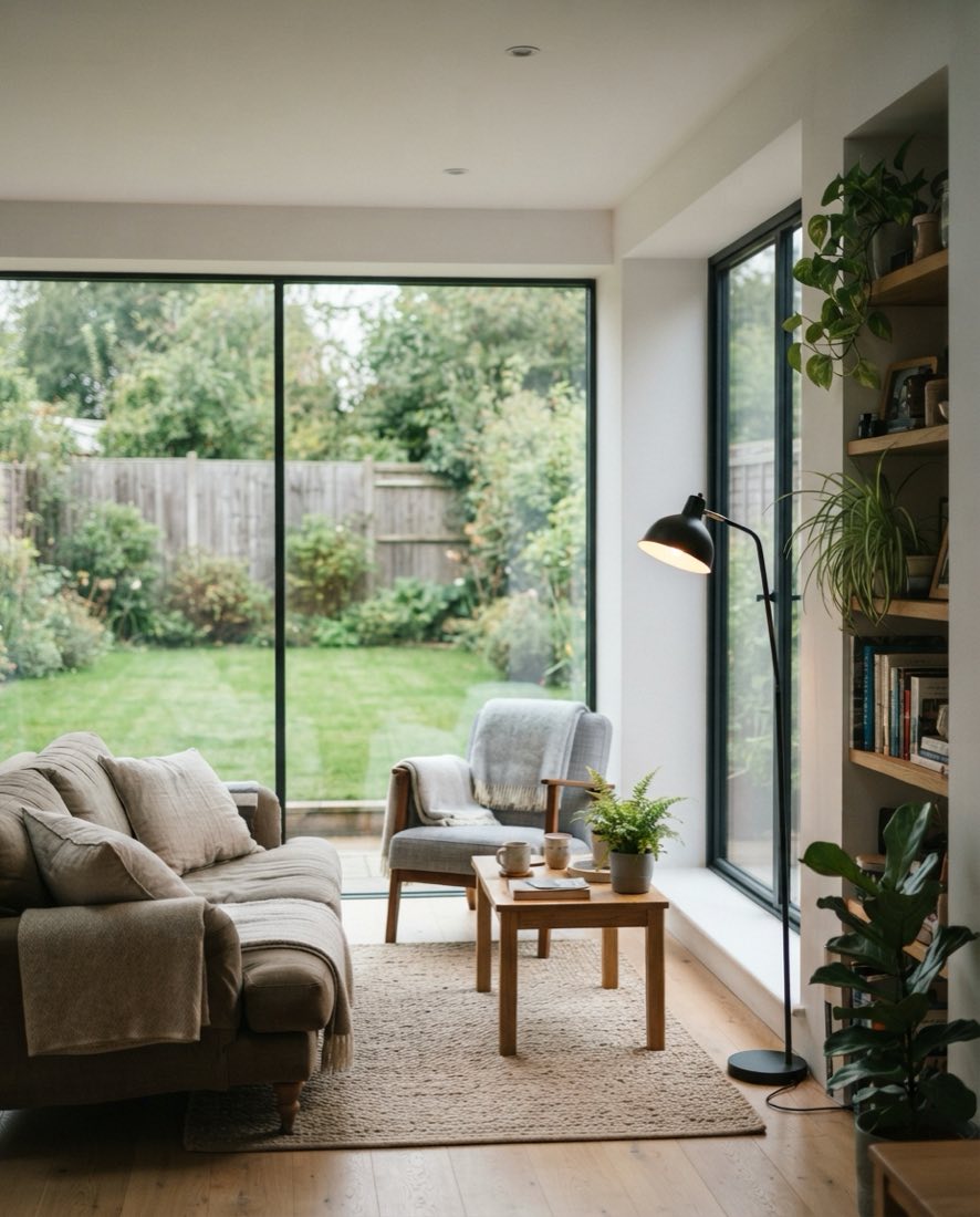 Inside a Nordu garden room, a sofa and armchair facing full height glazing onto a lawn.