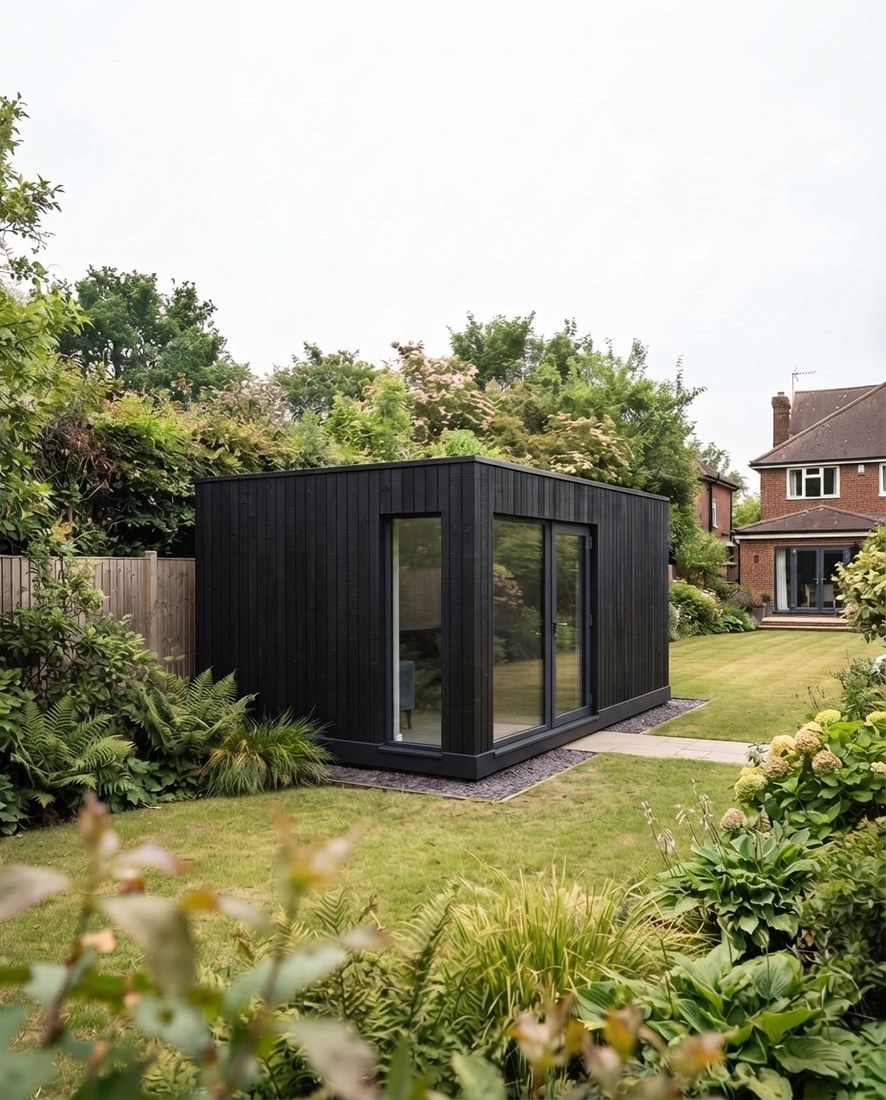 A charred black timber Nordu garden room among planting at the end of a garden.