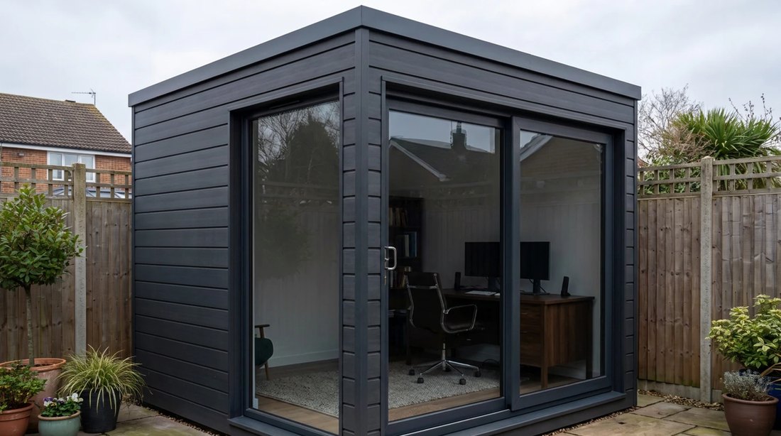 An anthracite composite garden office with glazing wrapped around one corner, on a flagged patio.