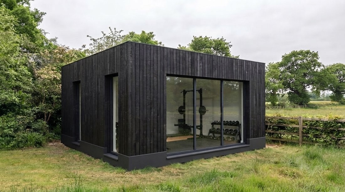 A charred black timber garden gym in a rural garden.