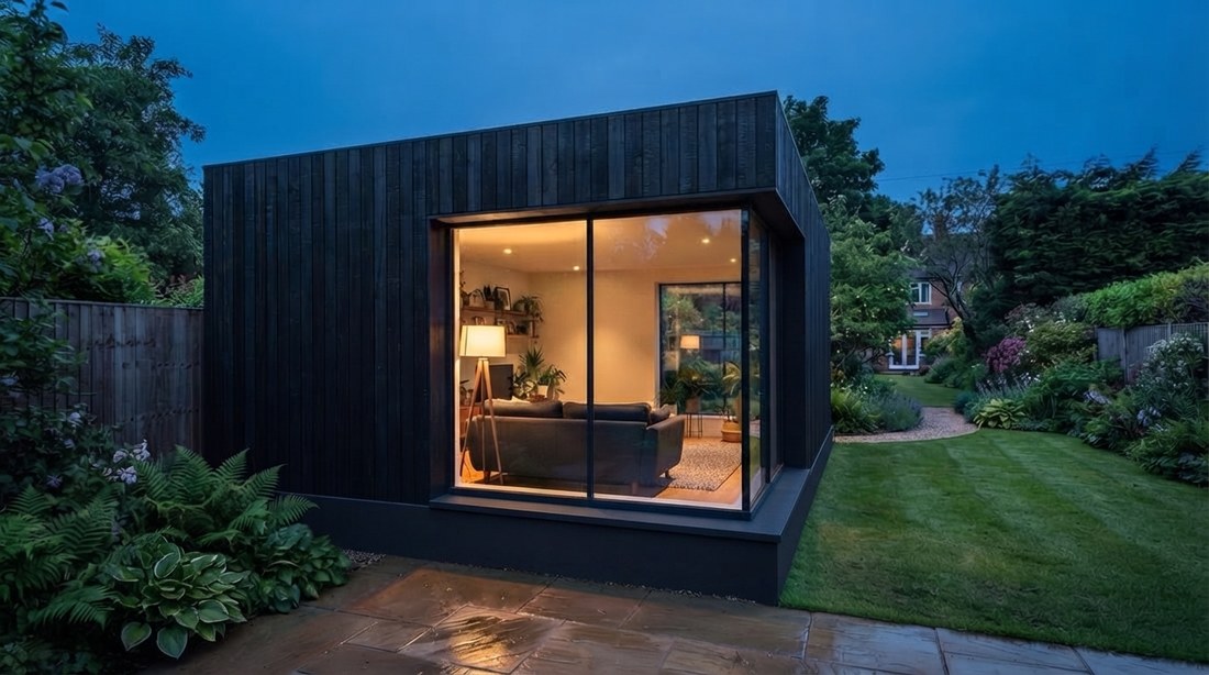 A charred timber garden room at dusk, its full height glazing lit warm from inside, planting and wet paving around it and the house in darkness behind.