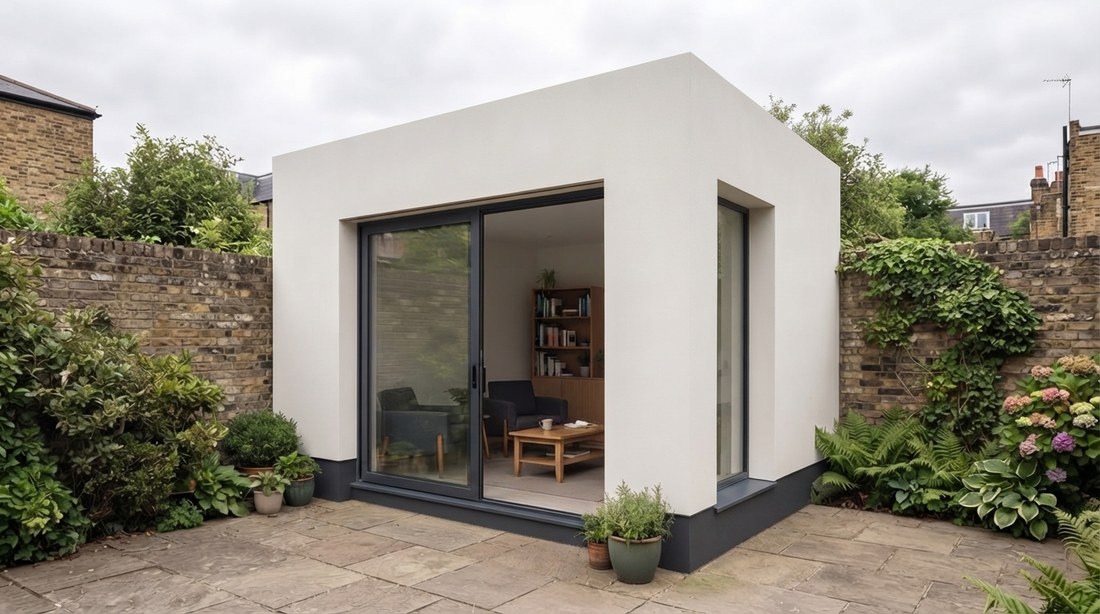 A rendered garden office in a small walled courtyard garden.