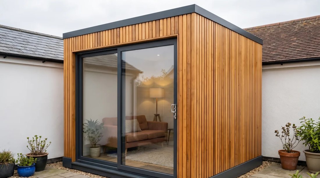 A compact garden snug in vertical timber cladding with sliding glazed doors, on a paved courtyard between two houses.
