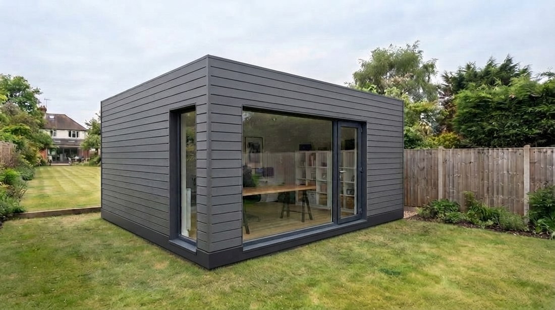 A garden studio in dark composite cladding with a large picture window.