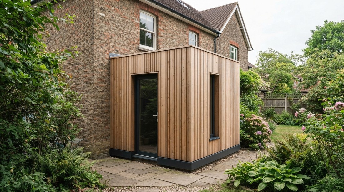A timber clad porch added to the back of a house, opening onto the rear garden.