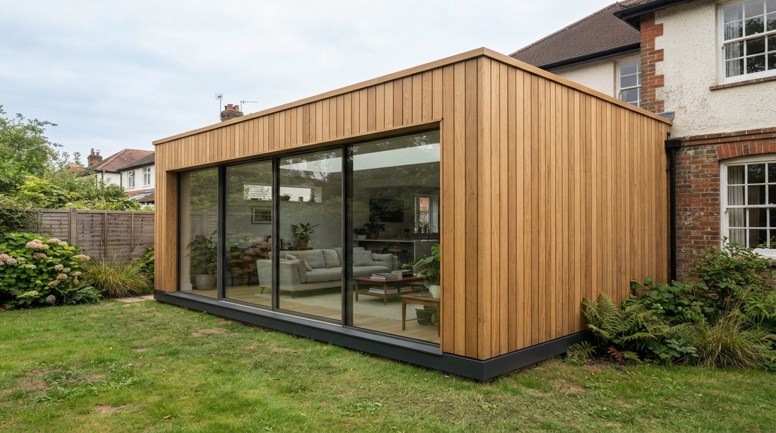 A rear extension in timber cladding with full height sliding glazing onto a lawn.