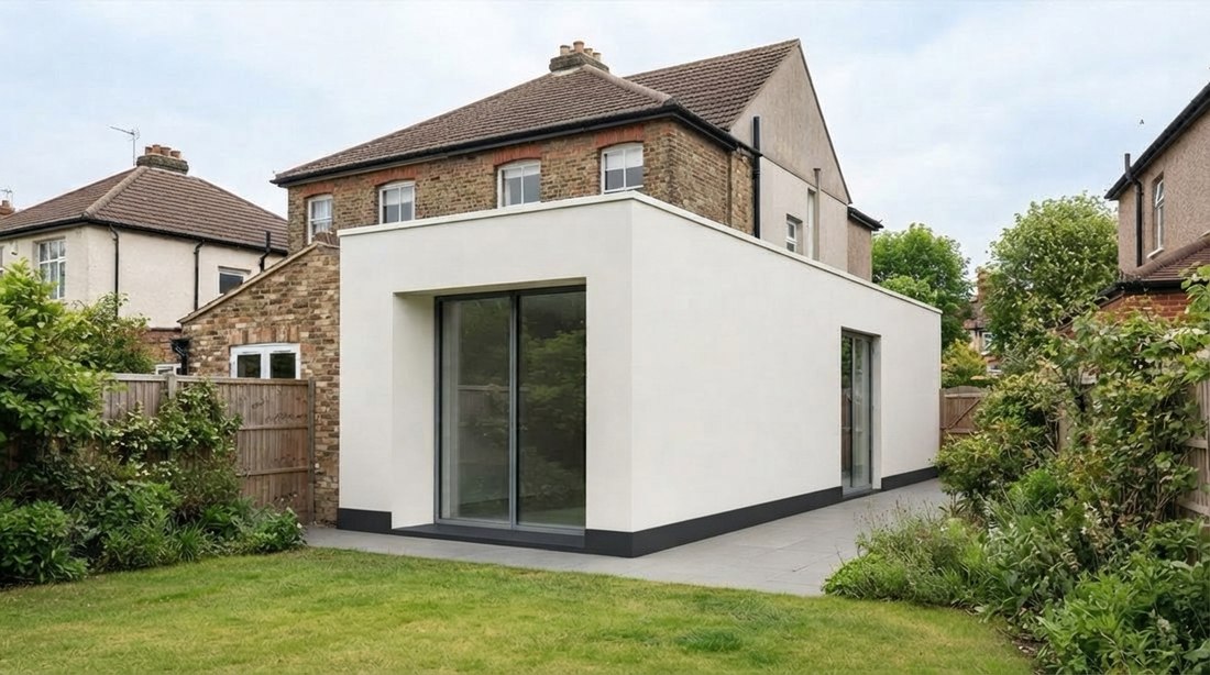 A rendered extension running down the flank of a house.