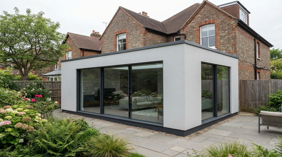 A rendered sunroom on the back of a house, glazed on two elevations.