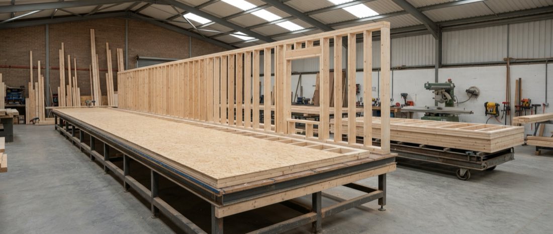 A Nordu wall panel being built flat on the assembly table, its studs at a regular repeating spacing, part sheathed and part still open frame.