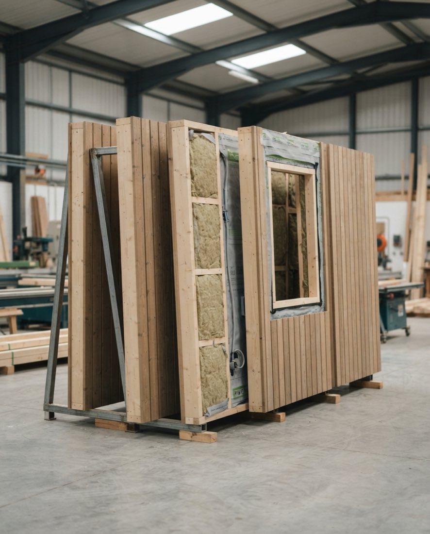 Finished Nordu wall panels standing in a transport rack in the workshop: one clad in timber, one turned to show the stud frame, insulation and taped membrane, and one with a window opening cut through it.
