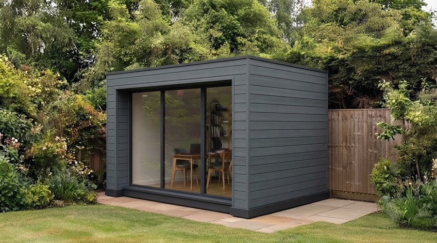 Composite: the same 10 square metre garden office, clad in dark slate grey boards.