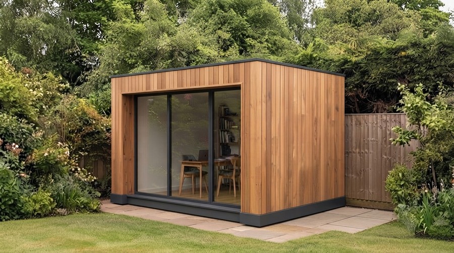 Timber: a 10 square metre garden office, roughly the height of the fence behind it, with a desk and chair visible through the sliding glazed front.