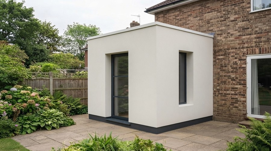 Smooth render: a small porch on the back of a brick house, opening onto the rear garden.