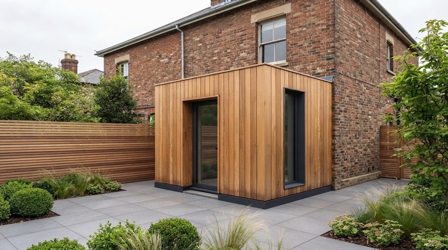 Timber: a small porch on the back of a brick house, opening onto the rear garden.
