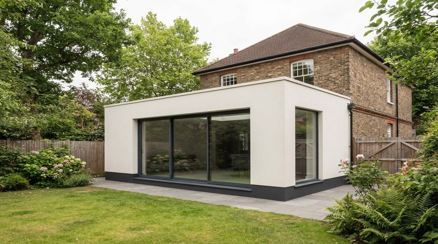 Smooth render: a rear extension spanning the back of a house.