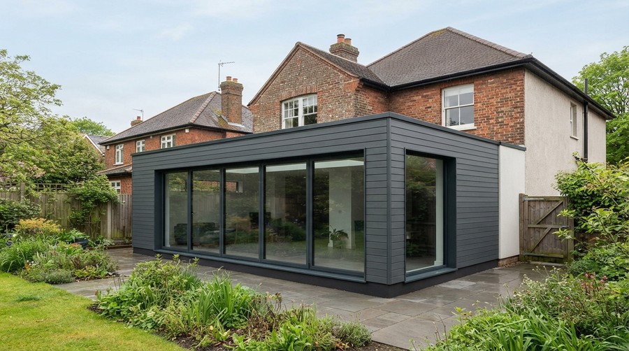 Composite: a glazed sunroom on the back of a house.