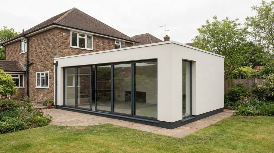 Smooth render: a glazed sunroom on the back of a house.