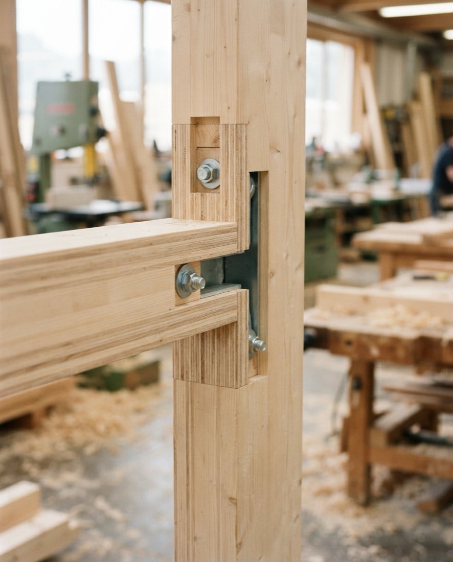 A machined timber connection fixed with galvanised steel, the cut faces crisp.